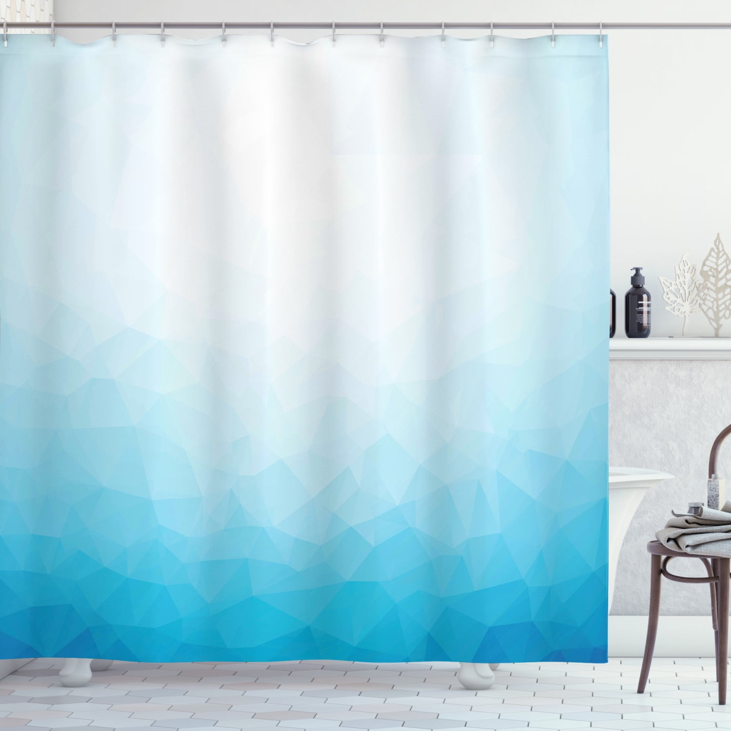 Blue Shower Curtain, Blue Ombre Effect Polygonal Futuristic Geometric Ice Water Triangular