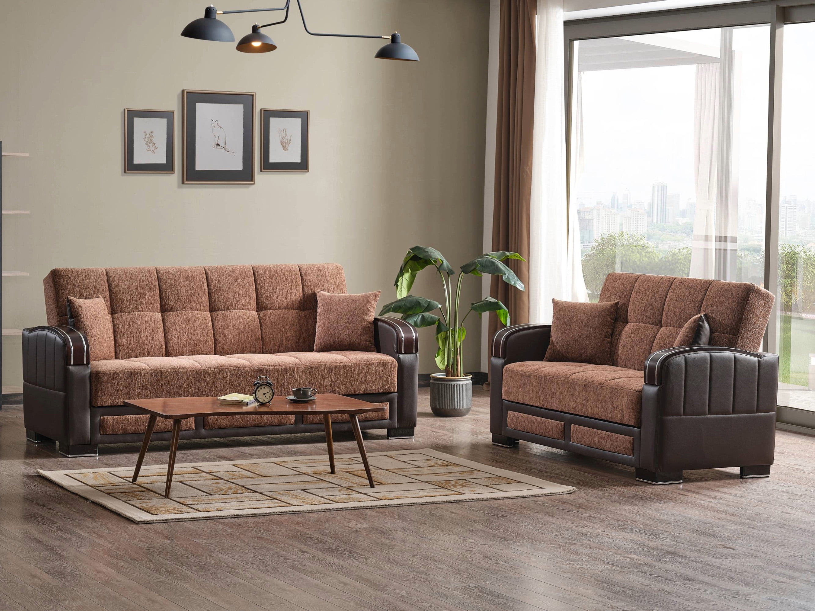 Ottomanson 63" Convertible Loveseat Sleeper with Storage, Modern Chenille Sofa for Small Spaces, Brown