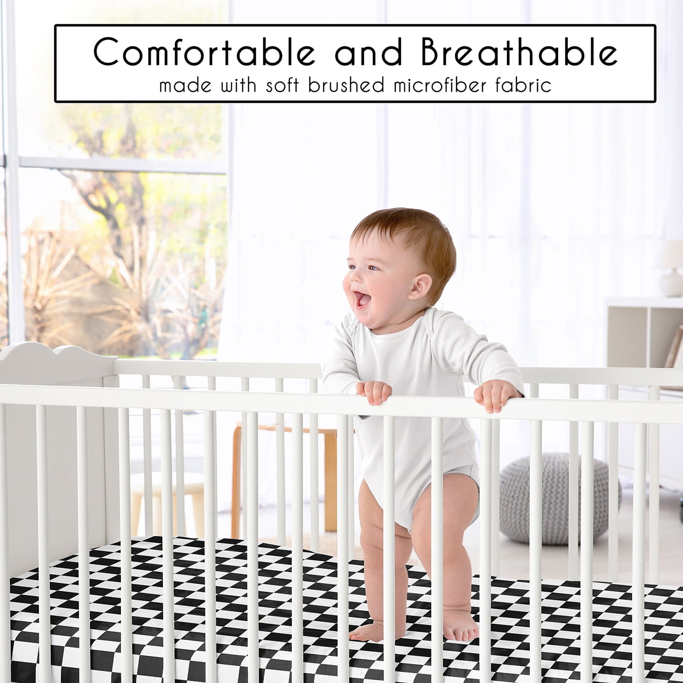 Sweet Jojo Designs Gingham Checkered Plaid Black and White Boy, Girl, Unisex/Gender Neutral Fitted Crib Sheet