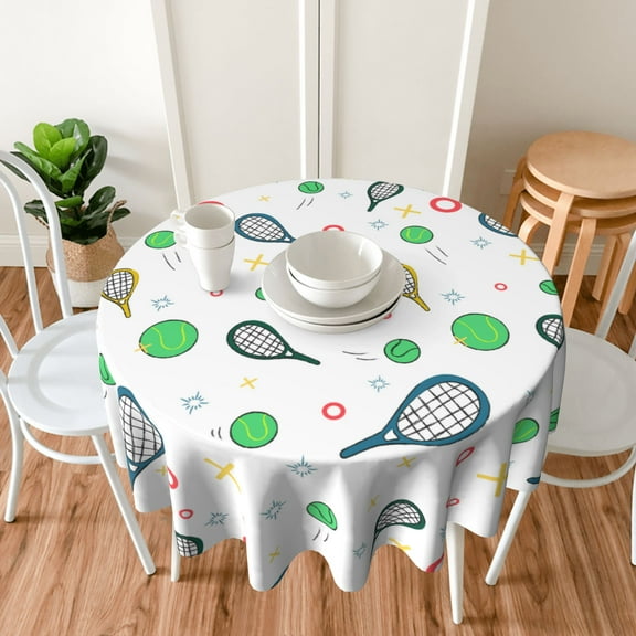 TEQUAN 60" Round Tablecloth, White Cartoon Tennis Sports Pattern Washable Polyester Table Cloth, Waterproof Wrinkle Resistant Decorative Table Cover