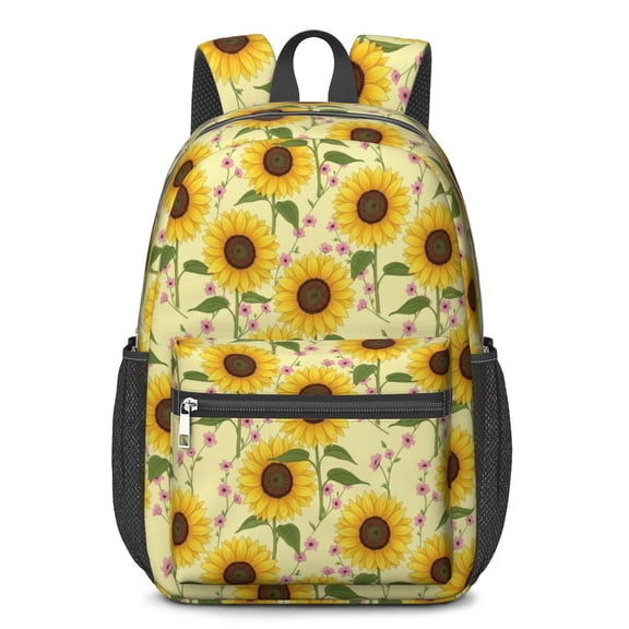 Sunflower and Flower Yellow Pattern 17" Waterproof Oxford School Backpacks for Teens, S-Shape Padded Straps, for School, Travel, Hiking, Camping