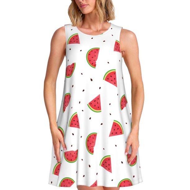 Balery Hand Drawn Watermelon Vestidos de verano para mujer con estampado: vestido holgado sin mangas, vestido playero informal y cómodo para días calurosos.