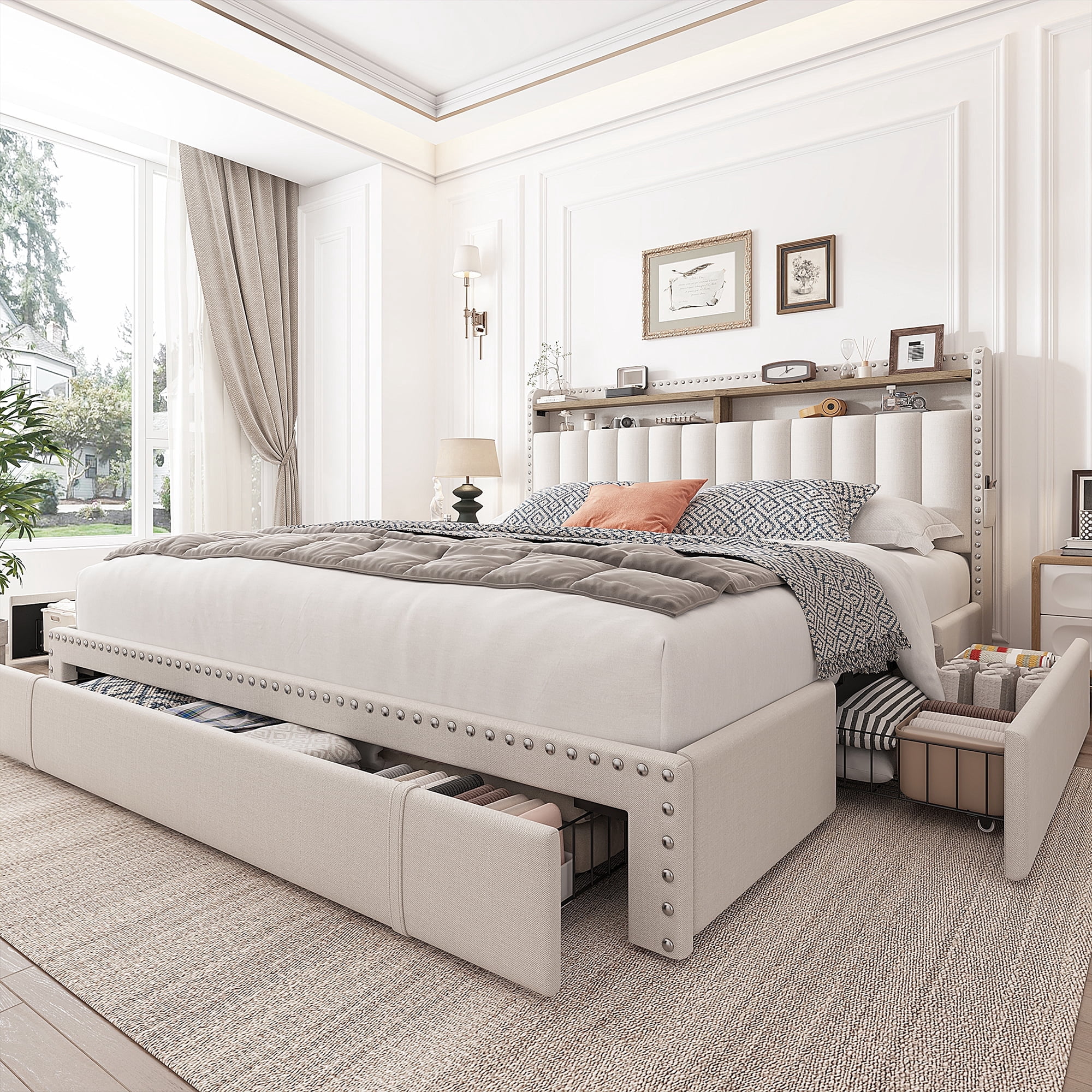 EnHomee Queen Bed Frame with 3 Storage Drawers Upholstered Queen Size Bed Frame with Headboard Noise Free Platform Bed with Metal Frame & Wood Slats Support Beige Bedroom Furniture for Adults Clothes