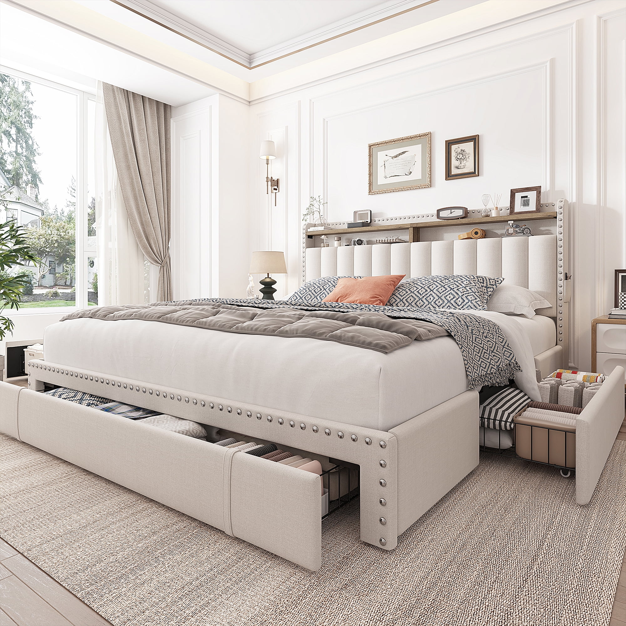 EnHomee Queen Platform Bed with Headboard & 3 Drawers, Beige photo 8