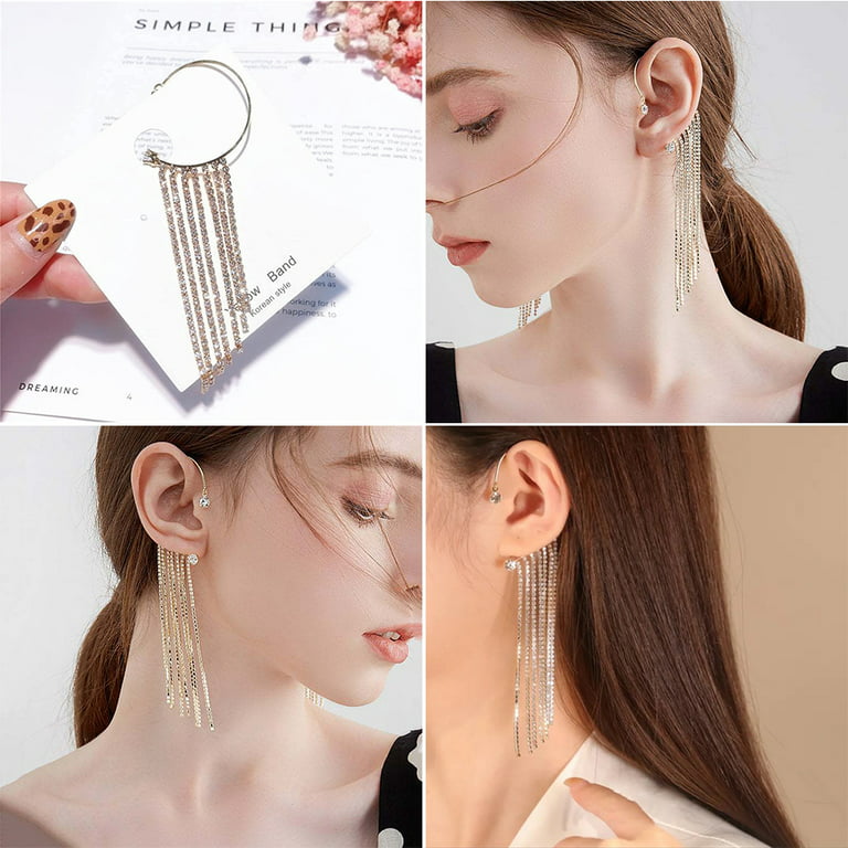 Fashion Tassel Ear Cuff Earrings Chain No Piercing Long Crystal Tassel  Chain Clip Simple Ear Cuff Jewelry Women Accessories Gift
