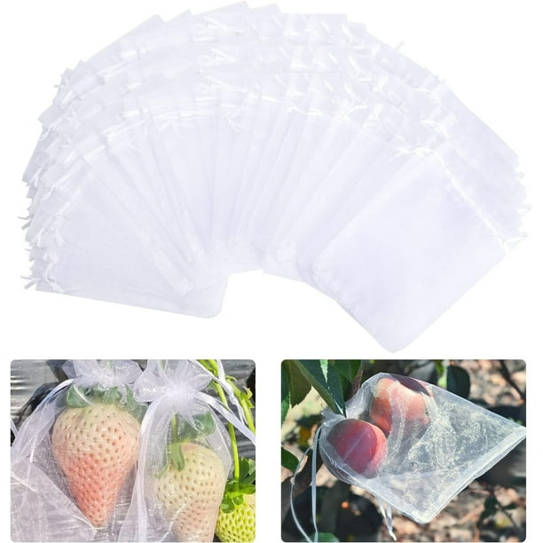 Xihbxyly Bolsa de Malla para Frutas, Diseño a Prueba de Pájaros, Transpirable y Duradera, Multiusos para Frutas y Plantas, Fácil de Usar, Juego de 100 Unidades, Transparente, Cierre con Cordón.