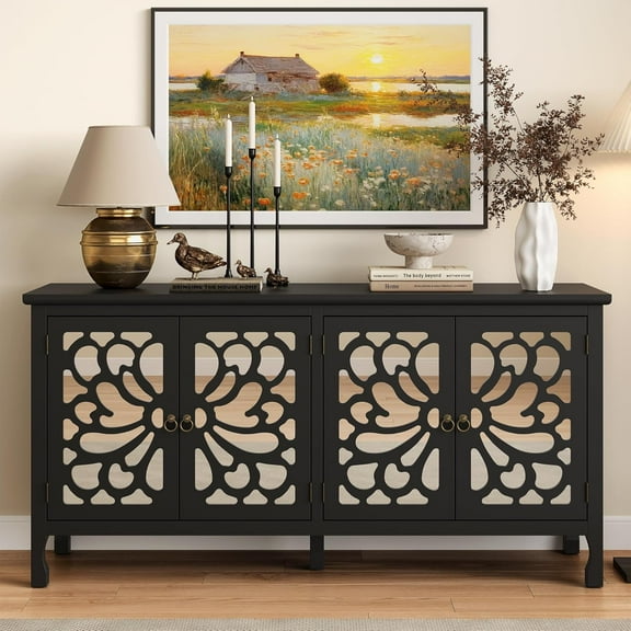 63 Inch Accent Cabinet Credenza in Satin Black with Adjustable Shelves