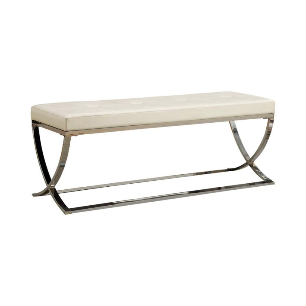 Faux Leather Bench with Metal Base, White and Chrome