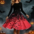 thumbnail image 6 of Women's Vintage Halloween Bat Print Swing Dress Long Sleeve 1950s Retro A-Line Midi Dresses with Satin Sash Belt for Gothic Cosplay Evening Prom Party, 6 of 6