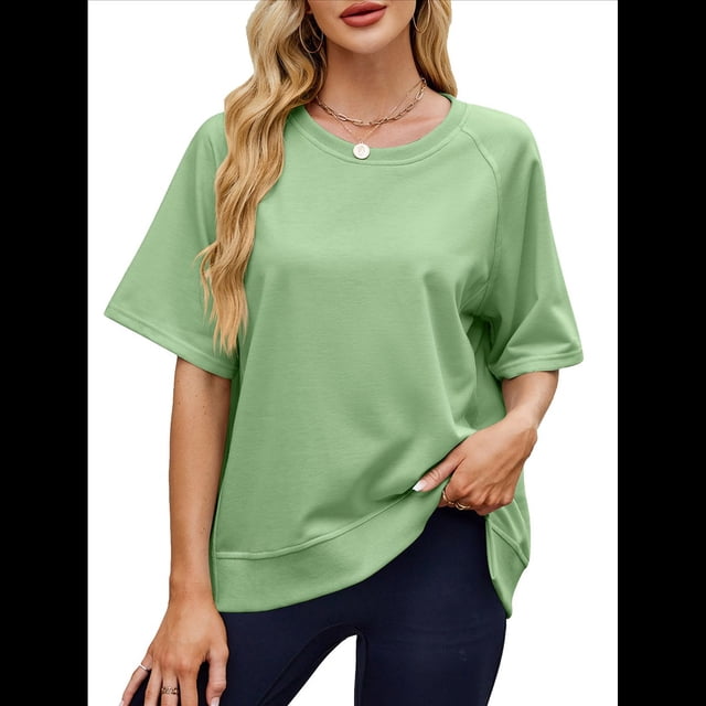 Camisetas de Gran Tamaño para Mujer, Cuello Redondo, Corta, Blusas Casuales de Verano, Blusas Holgadas de Corte Alto Verde L