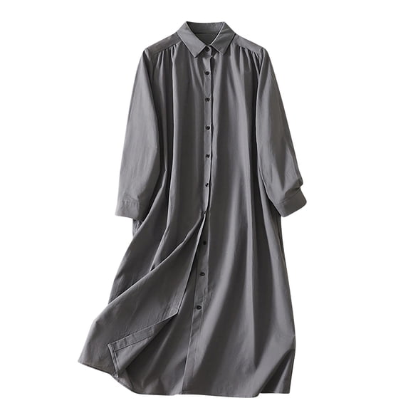 Wo-Fusoul Shirt for Women, Long Sleeve Button Down Collared Top in Solid Color, Linen Cotton Blend, Long Length Tunic Style, Black, Size L