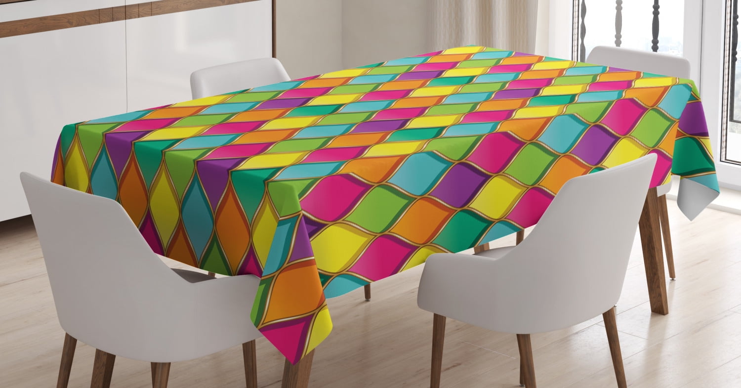 Geometric Tablecloth, Vivid Colored Stained Glass Style Pattern Wavy