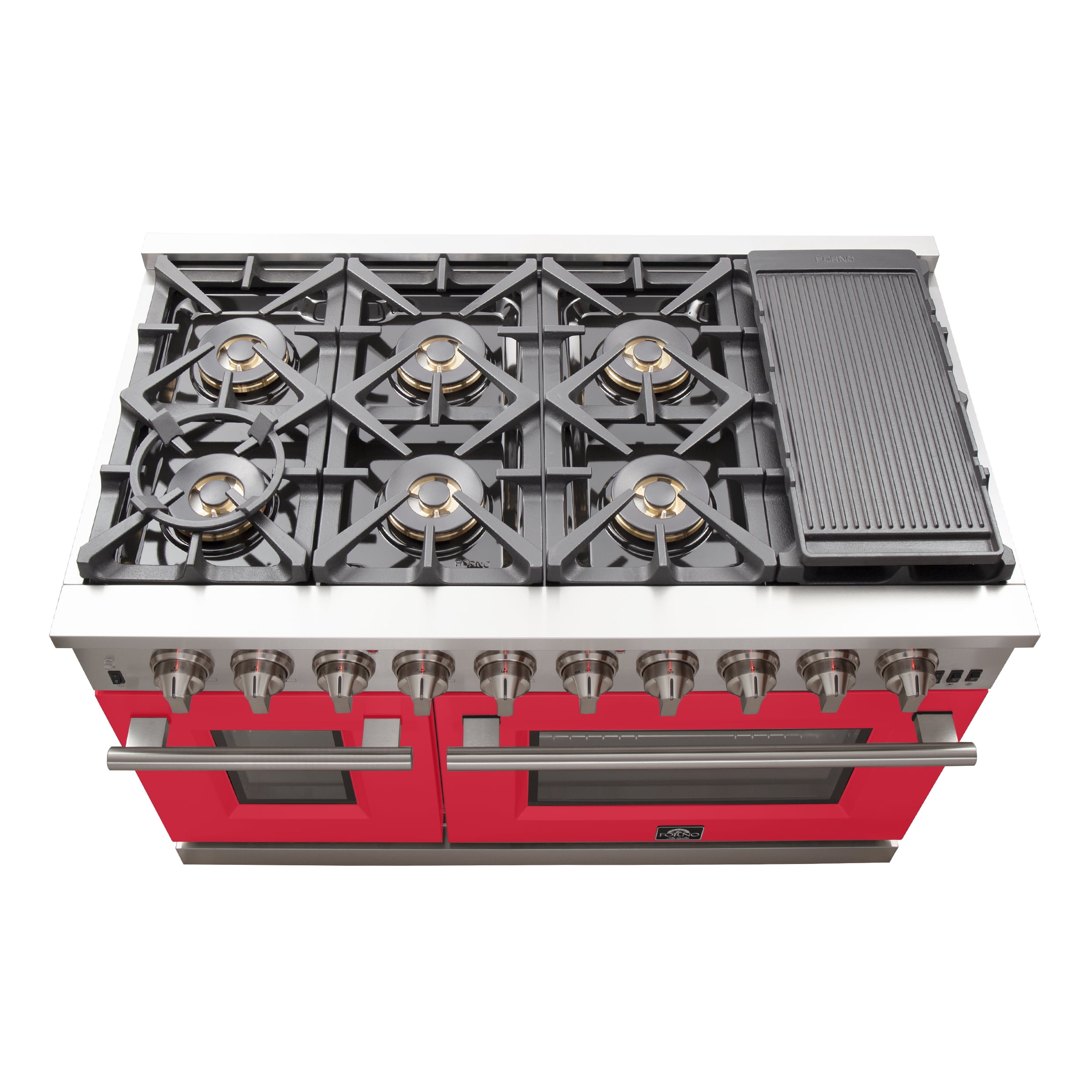 FORNO Capriasca 48-inch Gas Range Stainless Steel, 8 Brass Burners 160,000 BTU, 6.58 cu.ft. Double Oven, Red Doors