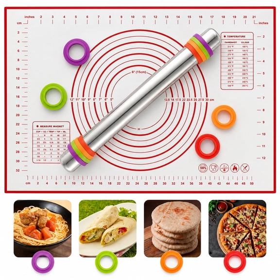 M Buder Stainless Steel Rolling Pin, Adjustable Rolling Pin with Thickness Rings & Pastry Baking Mat for Baking, Dough Roller for Baking Pizza Dough Pie Cookie