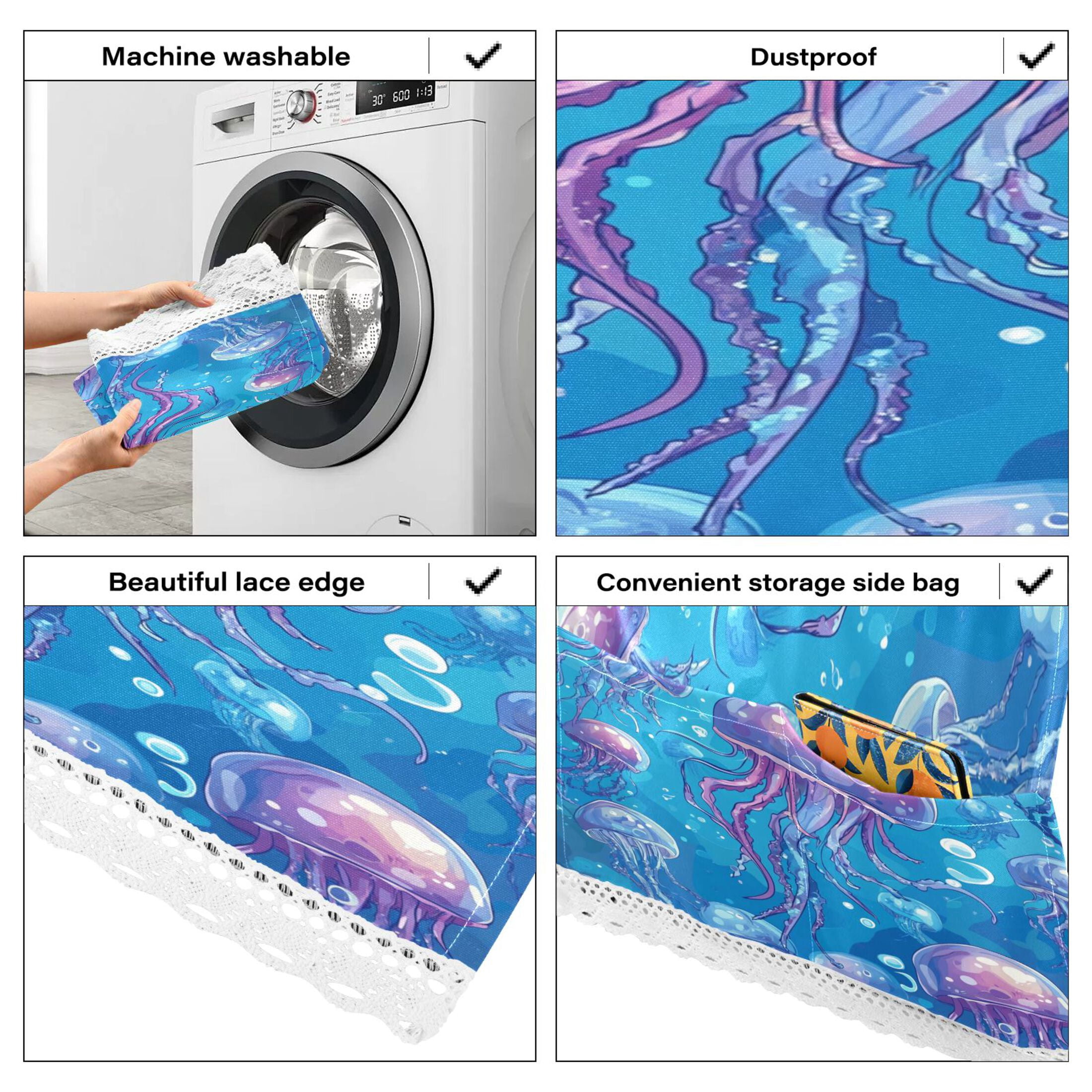 Cartoon JellyfishWasher and Dryer Covers Dust-Proof and Oil Resistant Fridge Cover with 4 Storage Pockets Washing Machine Top Cover for Laundry Kitchen Home 51.2 x 22 In