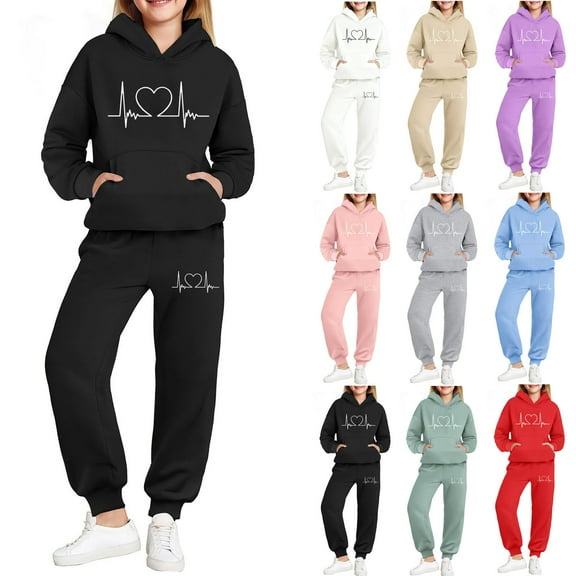 Piuwrlz 2pcs Hood Jogger Set Children's Girls Fleece Sweatsuits Sets Plush Hoodies and Sweatpants Black Size 6-7Years