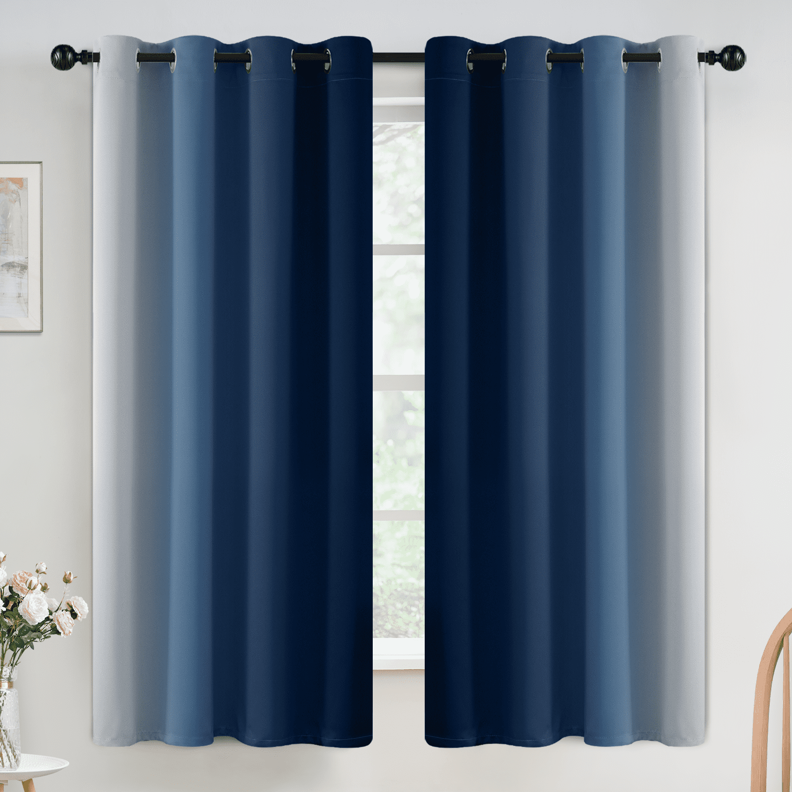 Yakamok Grommet Light Blocking Blackout Ombre Blue Curtains for Bedroom,Room Darkening Window Drapes for Living Room, 52x63 inches, 2 Panels