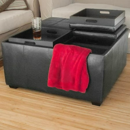 Black Leather Ottoman Coffee Table W/ 4 Tray Tops And Storage Black Leather Ottoman Coffee Table w/ 4 Tray Tops and Storage Bench - Black Leather Ottoman Coffee Table W/ 4 Tray Tops And Storage