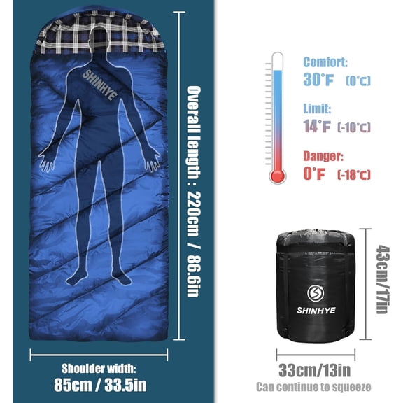 0 Degree Sleeping Bag for Adults - Cotton Flannel 4 Season Cold Weather Winter, XXL Big and Tall Camping Sleeping Bag with Compression Sack