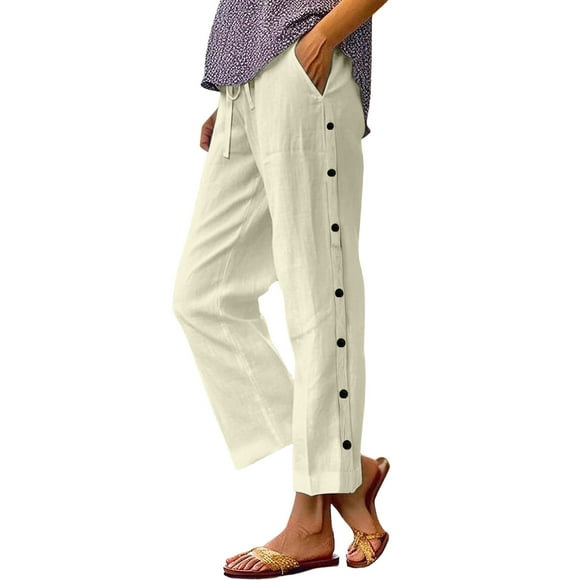 Scyoekwg Womens Work Pants,Pantalons Femmes Elastic Waist Cotton Linen Versatile Straight Casual Wide Leg Pants Loose Lightweight Comfy Classic Solid Color Trousers (Beige,XL)