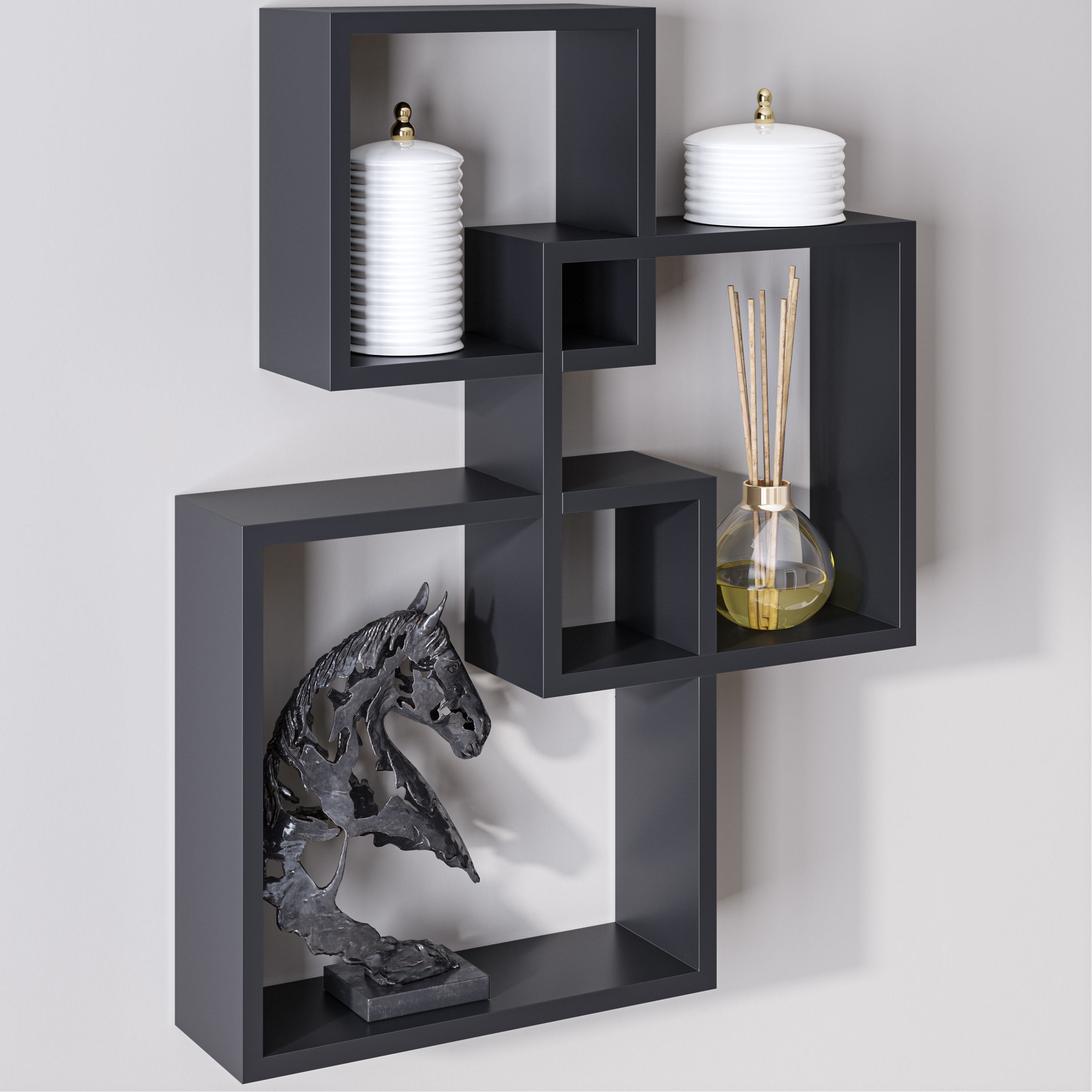 Ballucci Interlocking Cube Floating Shelves, Wall Mount Wood Square Box Shelves, Black