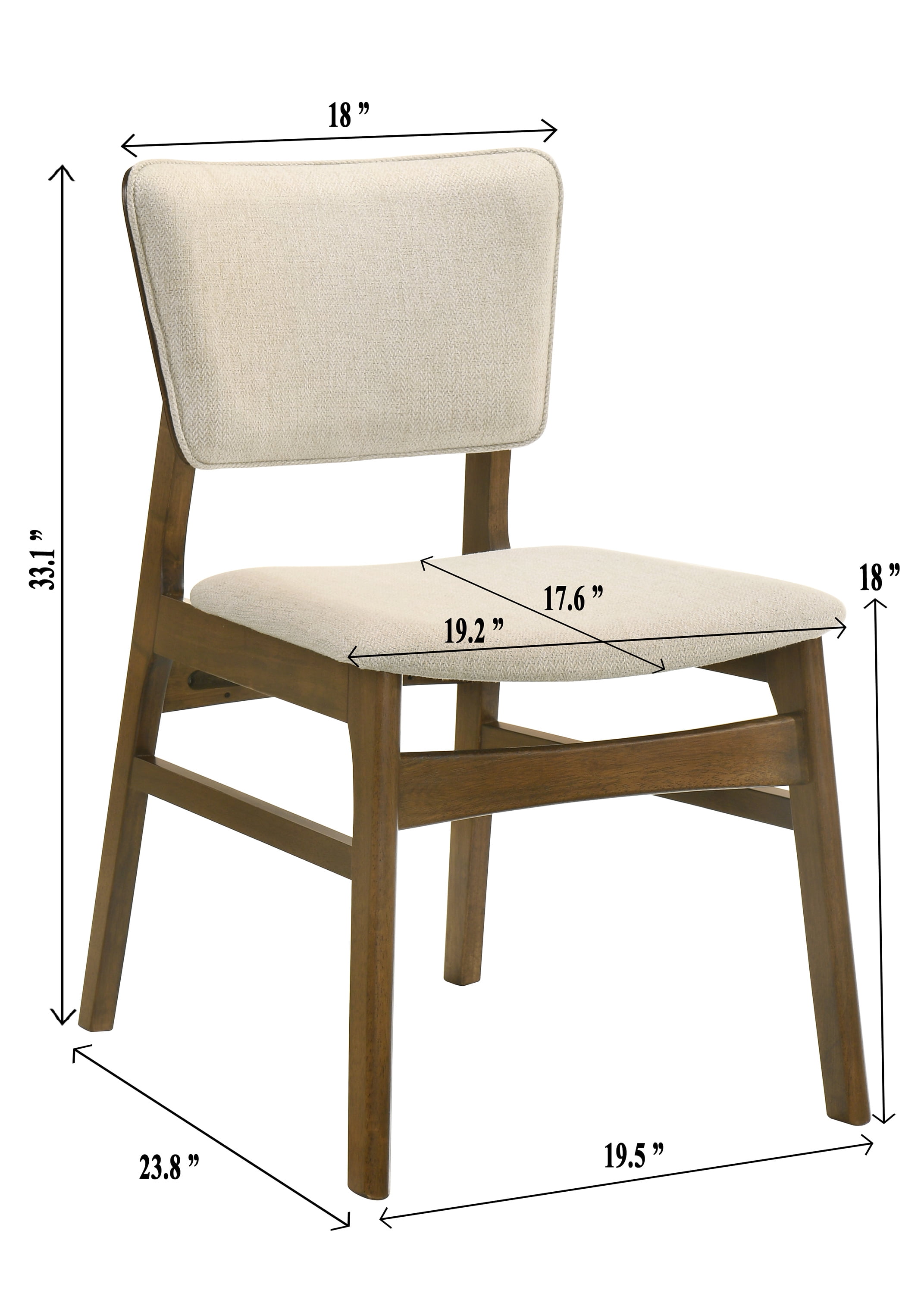 2pc Mid-century Modern Upholstered Chairs Brown Finish Beige Fabric Upholstery Wooden Dining Room Furniture
