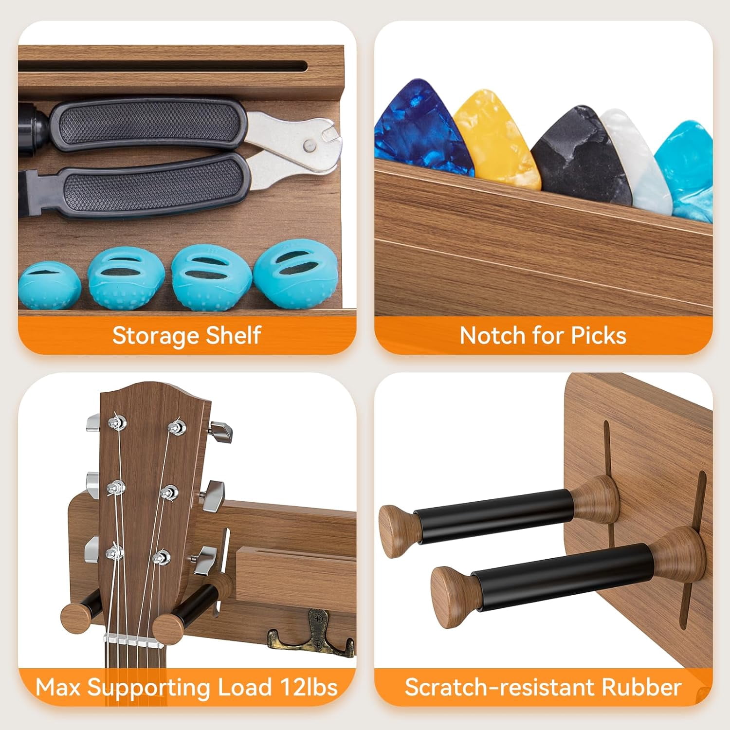 2-Pack Guitar Wall Mount, Adjustable Guitar Hanger Wall Mount with Pick Holder and 2 Hooks Wood Guitar Wall Hangers, Guitar Holder for Acoustic, Electric, Bass, Ukulele(Brown 2PCS)