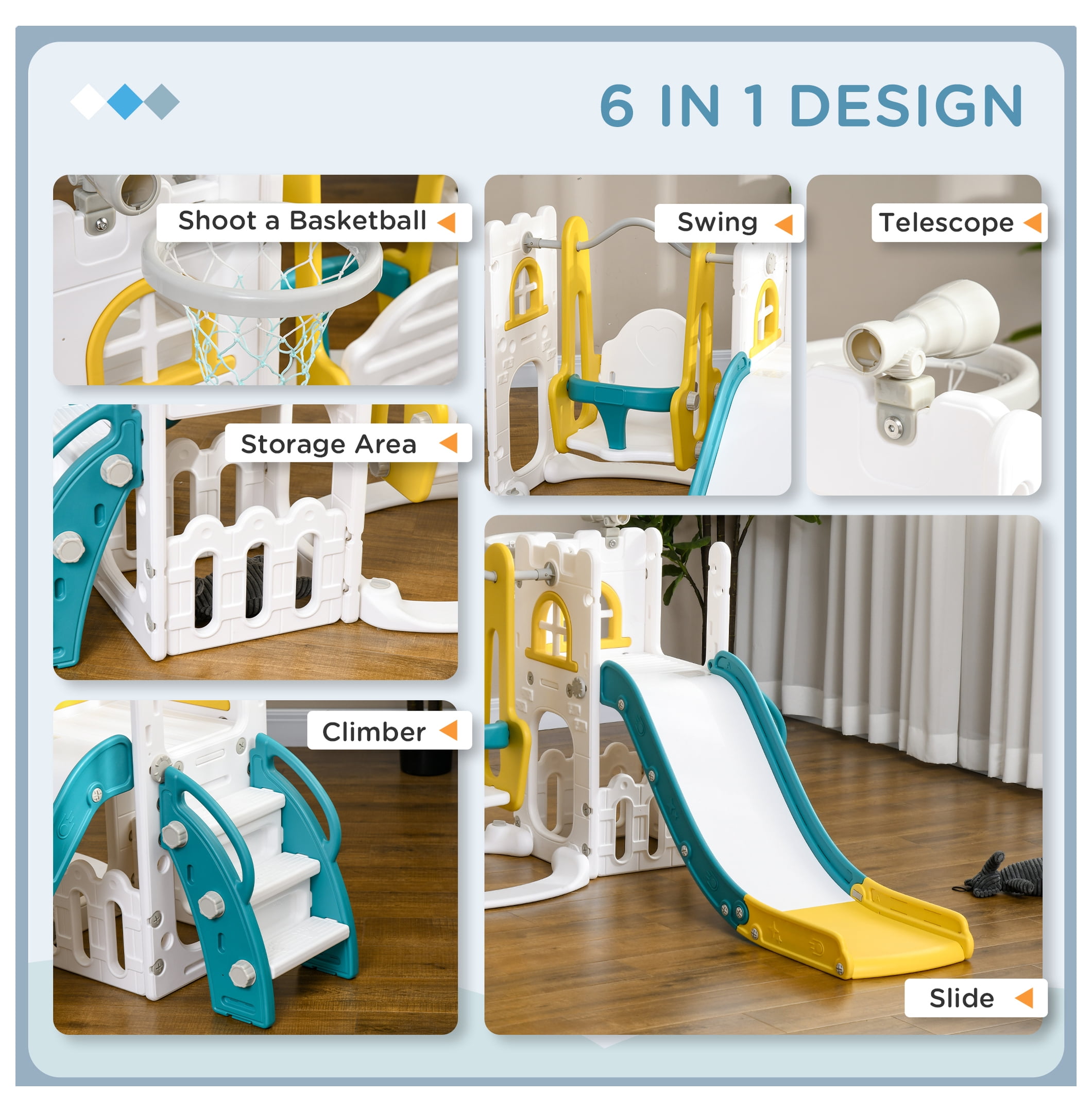 Qaba 6 in 1 Toddler Slide and Set, Baby Slide for Age 1-3 Years with Basketball Hoop, Climber, Storage Space, Telescope, Indoor , Yellow