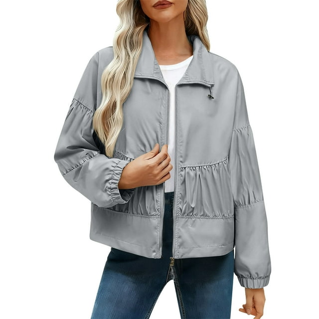 WRKEKC Veste Légère pour Femmes Couleur Unie Décontractée à Fermeture Éclair Plissée avec Poches Courtes pour l'Automne Résistance au Froid
