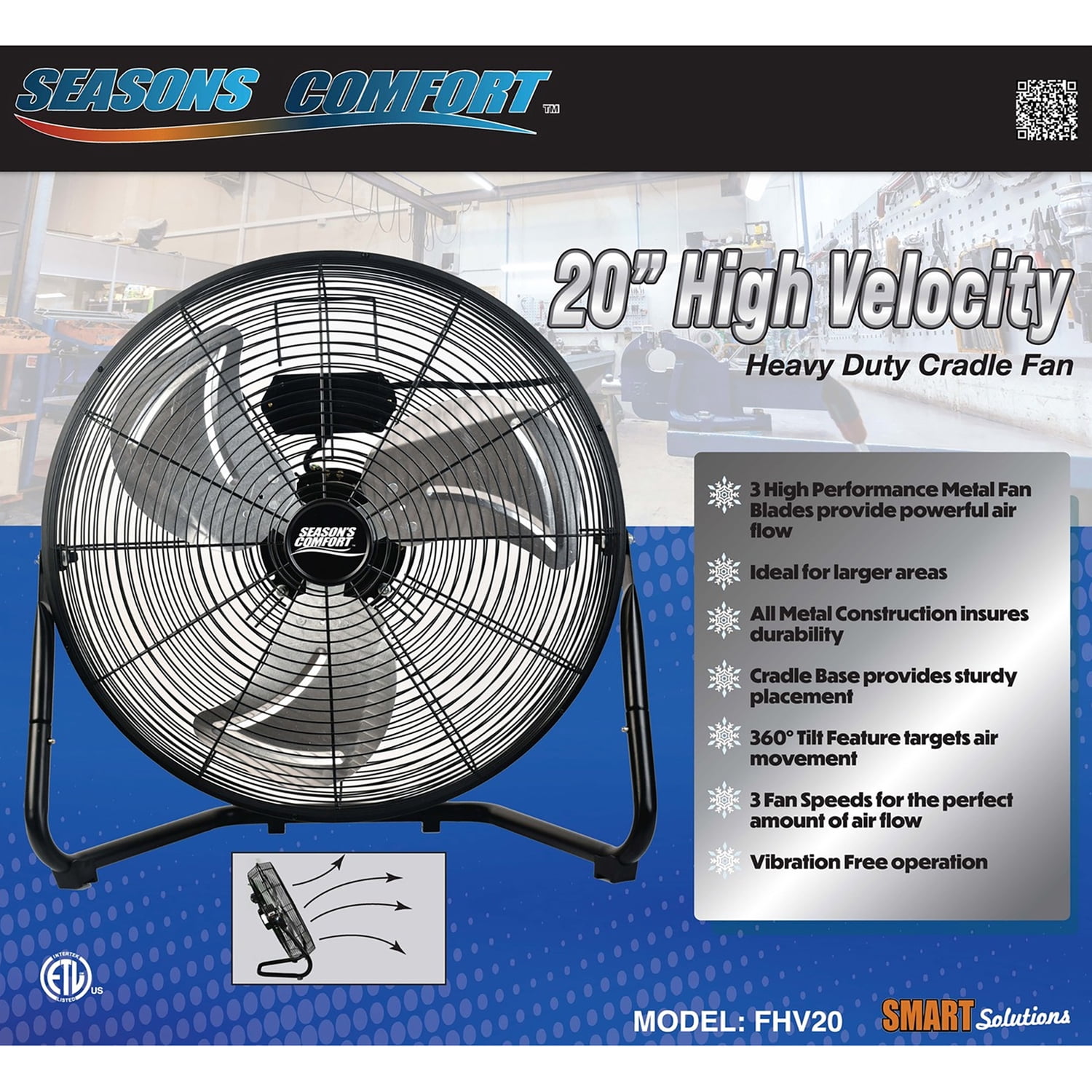 Seasons Comfort 20-In. 3-Speed High-Velocity Heavy-Duty Floor Fan, FHV20, Black, FHV20