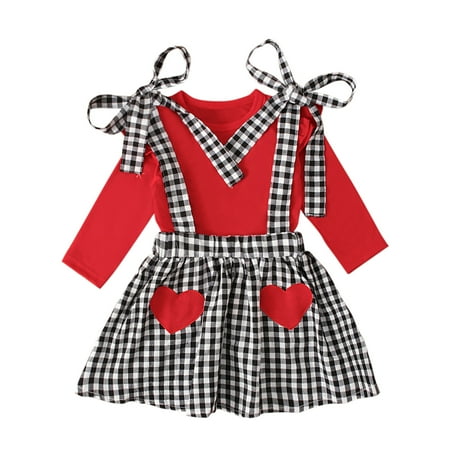 

Toddler Kids Baby Girls Skirt Suit Valentine Ruffle Long Sleeve Tops And Suspender Heart Plaid Skirts Set