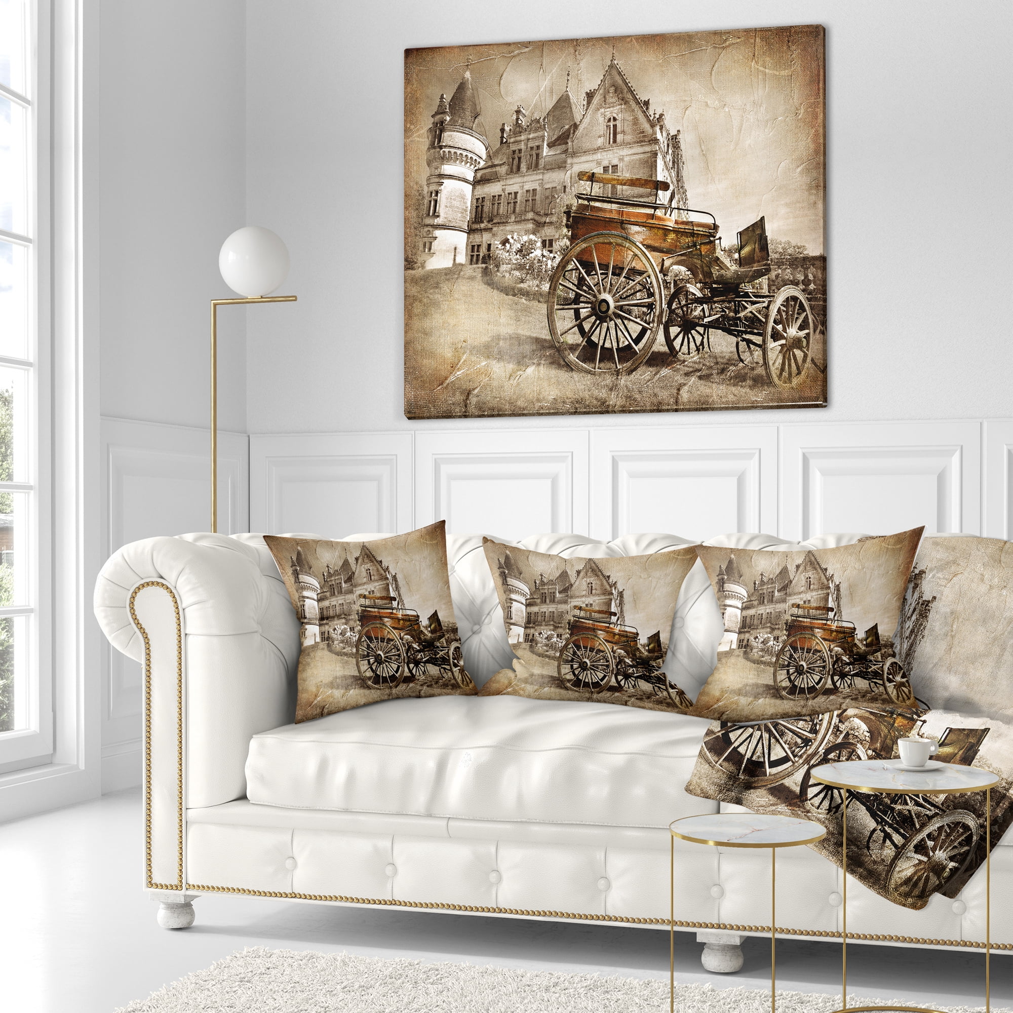 Designart Medieval Castle with Carriage - Contemporary Throw Pillow - 16x16