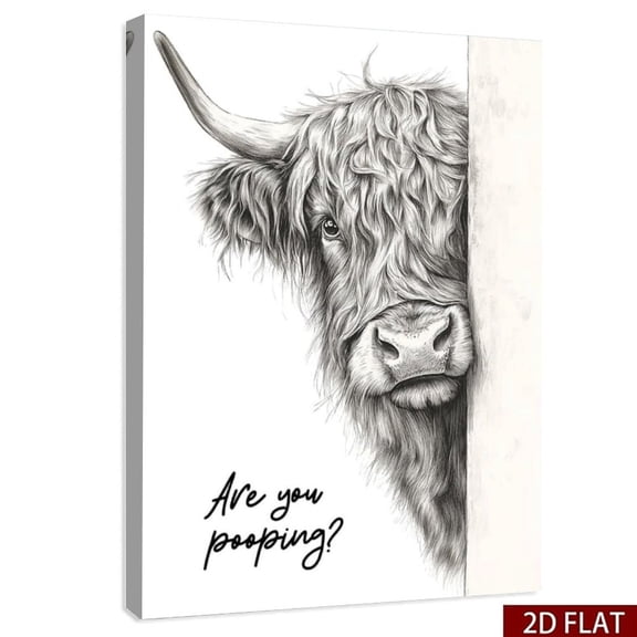 Funny Highland Cow Bathroom Wall Art - Rustic Farmhouse Wall Decor with Humorous Are You Pooping Canvas Print, Cute Animal Canvas Art for Restroom