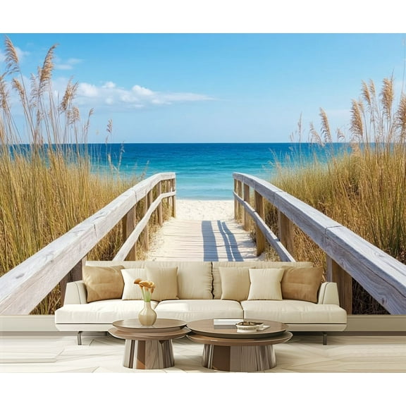 Peel and Stick Wallpaper Sea Beach Nature Landscape Sky Sun Wooden Path Grasses Natural Modern Art Wall Mural Decor Self Adhesive and Removable 69in x 98in