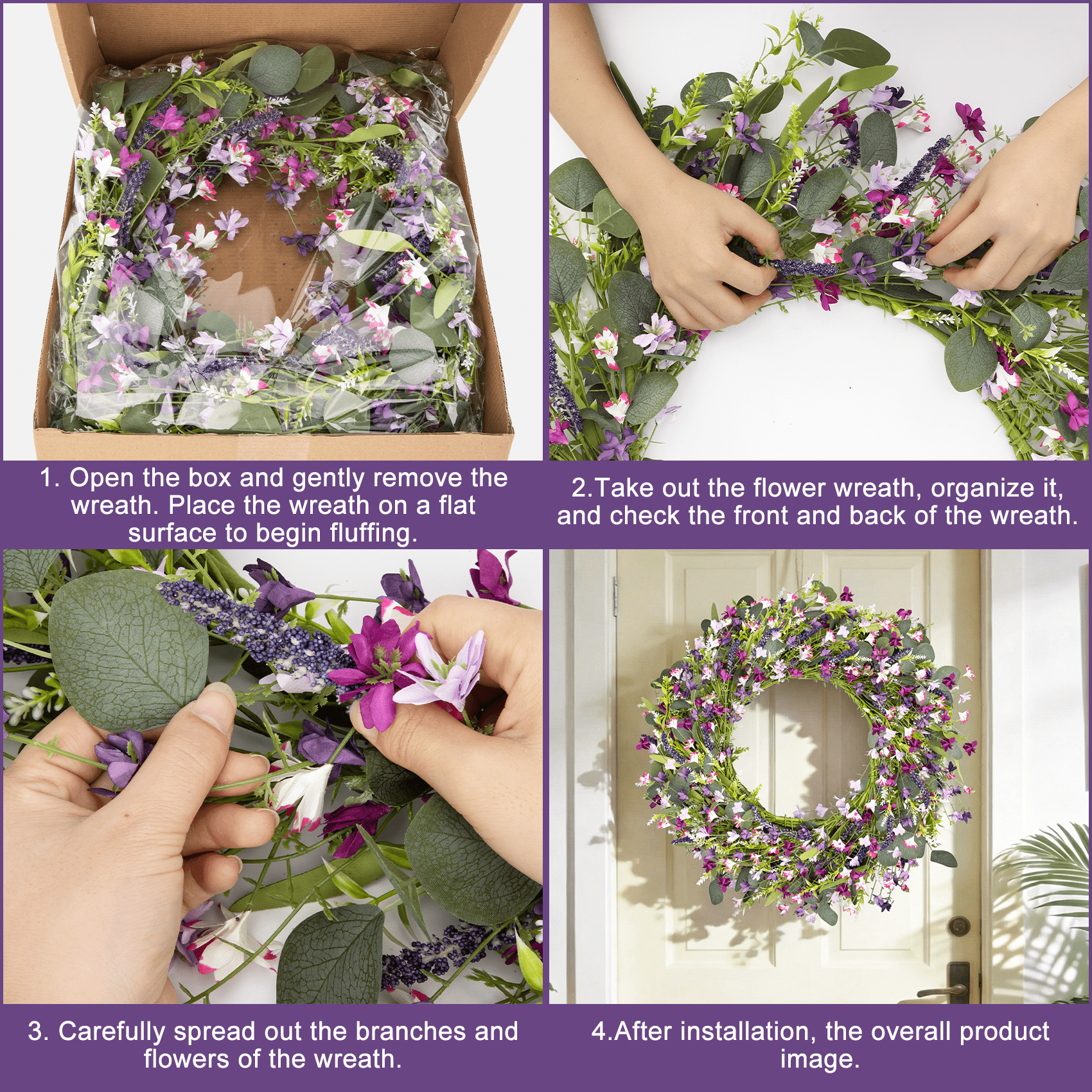 AcerichFad Spring Wreath Decor, 22 Inch Artificial Violet Lavender Wreaths for Front Door Porch Indoor Outdoor Home Spring Summer Decoration