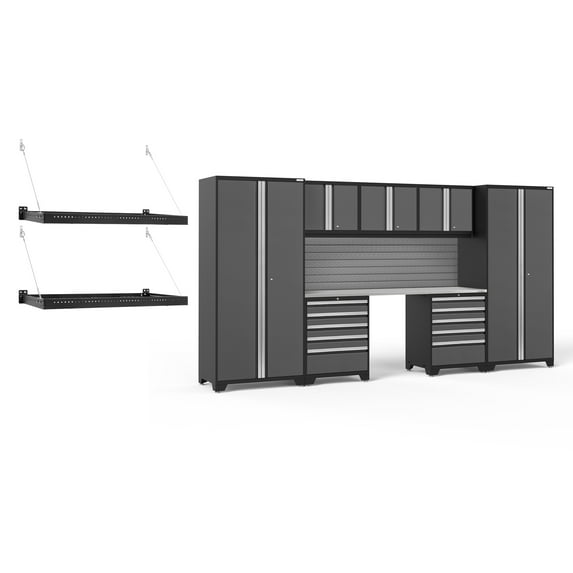 NewAge Products Pro Series Gray 10 Piece Cabinet Set, Heavy Duty 18-Gauge Steel Garage Storage System, Slatwall / Wall Mounted Shelf Included