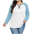 thumbnail image 2 of HWRETIE Women's Raglan Shirt Casual Chest Print Solid Color Round Neck Pullover Loose Long Sleeved Raglan Top Plus Size Light Blue, 2 of 6