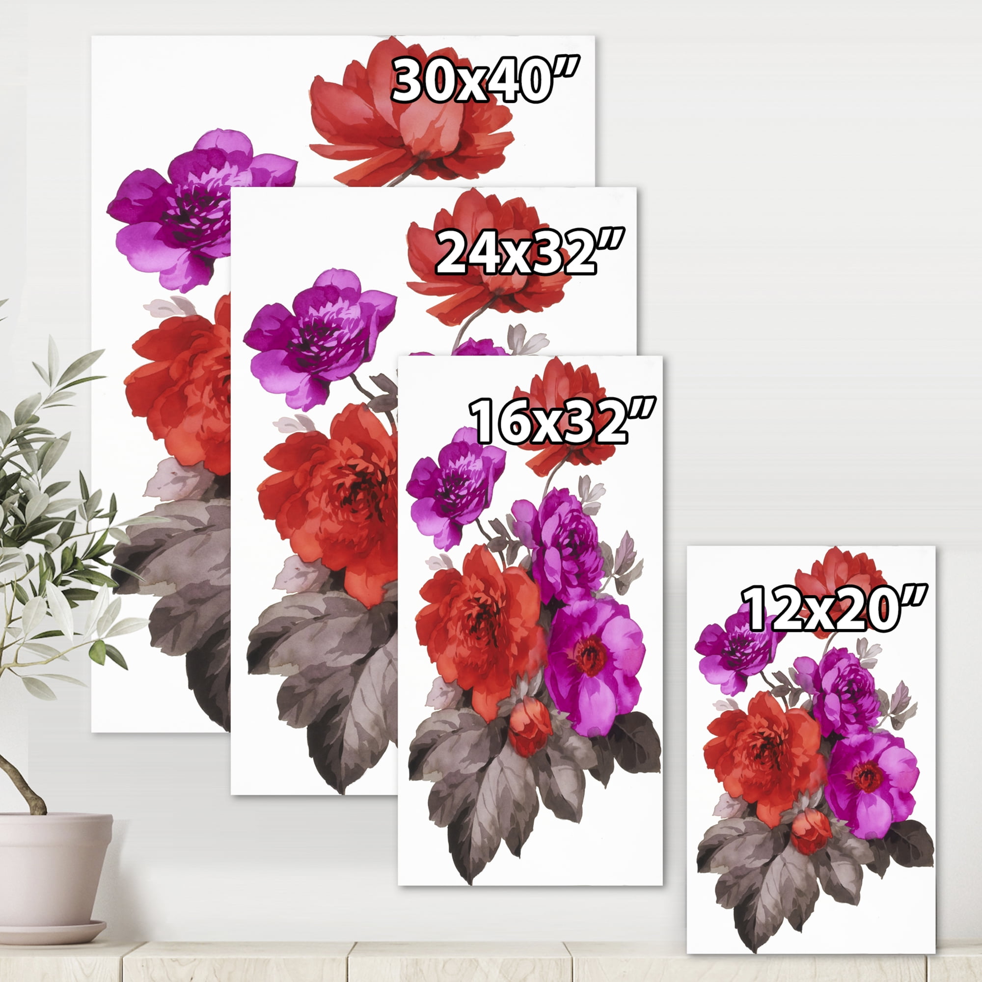 Designart ' Fuchia and Red Flowers ' Traditional Canvas Wall Art Print