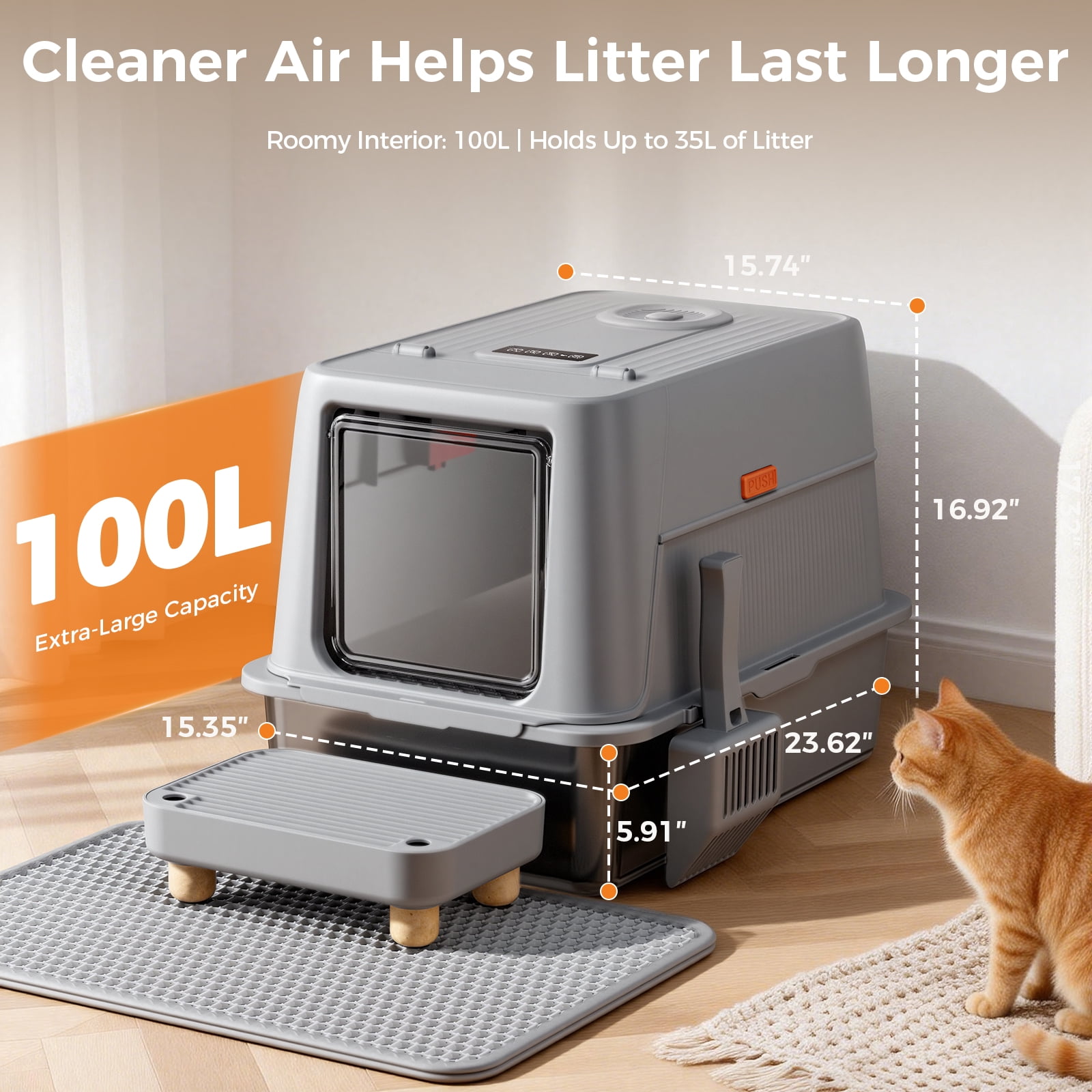 CloudRest Pro Enclosed Stainless Steel Cat Litter Box with Lid, Fresh Air Deodorization System,Pedal,Scoop,Stickers for Indoor Cats Easy to Clean（with No.1 Cartoon Sticker）