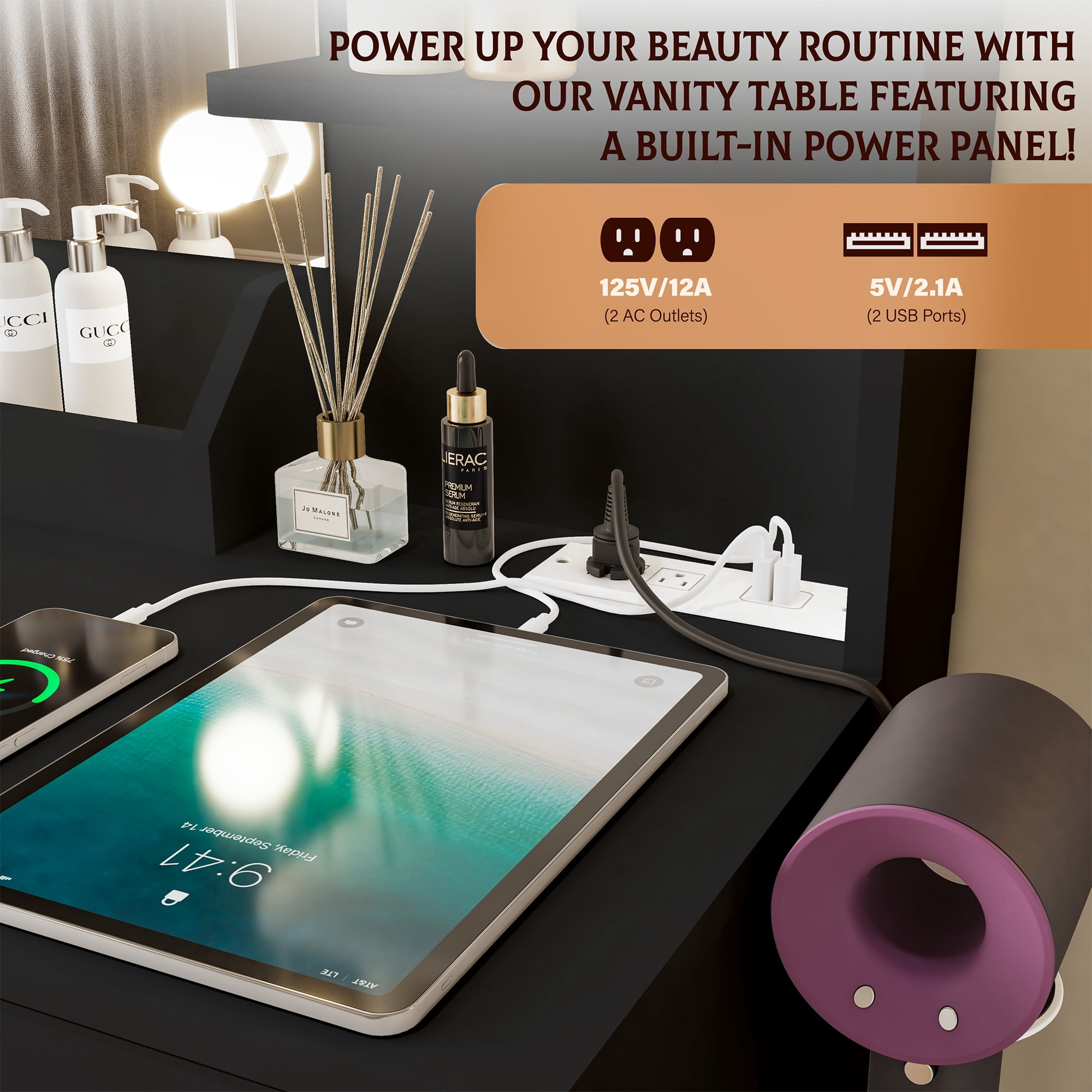 Vanity Desk with Mirror and Lights, Makeup Desk with Power Outlet Drawers Cabinet Stool, Vanity Table 3 Color Modes Adjustable Brightness Dressing Table Set for Bedroom