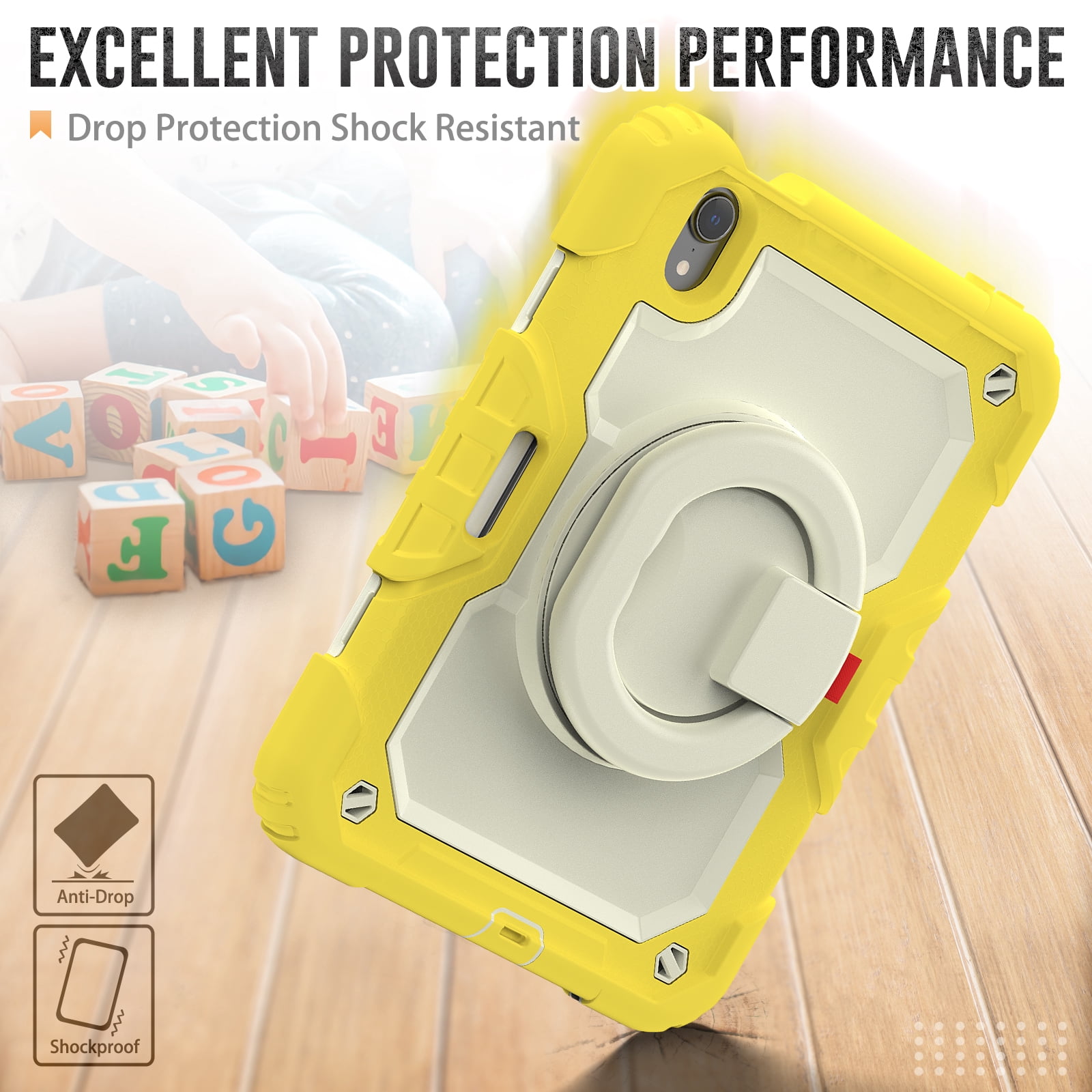 Allytechgroup Screen Protector Case for Apple iPad mini 7th Gen/ 6th Gen 8.3 Inch, Heavy Duty Protective Build-in Pencil Holder Handle Stand Rugged Bumper Case Kids Friendly for iPad mini 6 7, Yellow