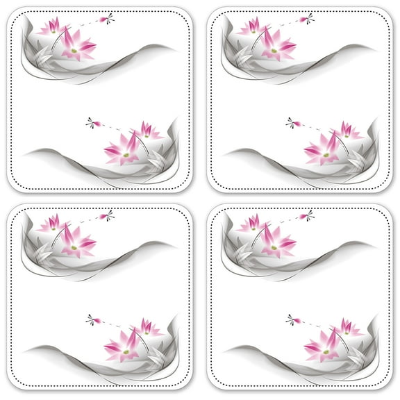 Vinyl Drink Coasters - Set of 4 - Pink Flowers & Dragonfly