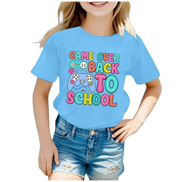 GDREDA Vêtements pour Fille Enfants Rentrée des Classes T-Shirt Graphique à Manches Courtes Col Rond Lumineux et Confortable pour Garçons et Filles Hauts Tendance pour Filles Bleu Ciel, 6-7 Ans