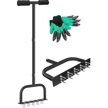 Lawn Aerator Spike, Manual Aerator Metal for Compacted Soils and Lawns with Dethatching Rake & 15 Iron Spikes Pre-Assembled Grass Aerator Tools for Yard Lawn Aeration Garden Tool