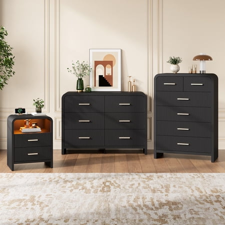 HUJAUU 3 Pieces Bedroom Furniture Set, 6-Drawer Wide Dresser+ 2-Drawer Fluted Nightstand with LED & Charging + 6-Drawer Curved Tall Dresser, Black