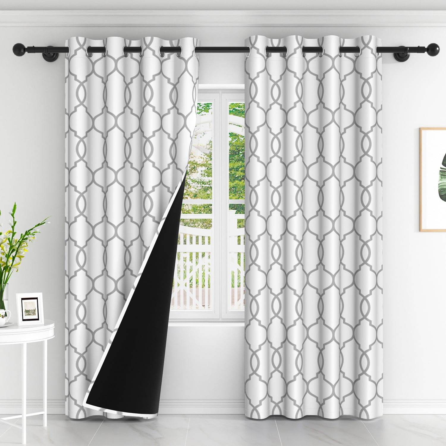 Lfeey Geometric Grid Pattern Light Filtering Grommet Blackout Curtains, Gray, 52x84 Inches, 2 Panels