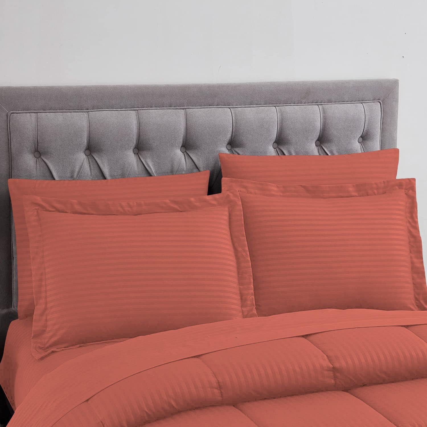 D.N.G. BEDDINGS King/Cal King Size 800 Thread Count, 100% Egyptian Cotton, Brick Red Premium Hotal Quality, 3 Piece Box Design Striped Comforter Set