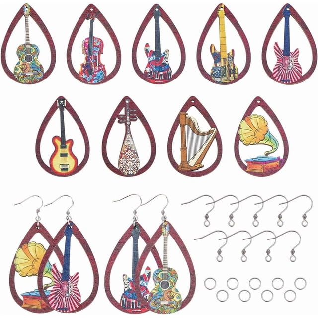 Kit de 78 piezas para hacer aretes de madera (9 pares) con dijes musicales, instrumentos musicales, guitarras ligeras de madera, arpa, lágrima, grandes, ganchos para aretes, anillos de salto.