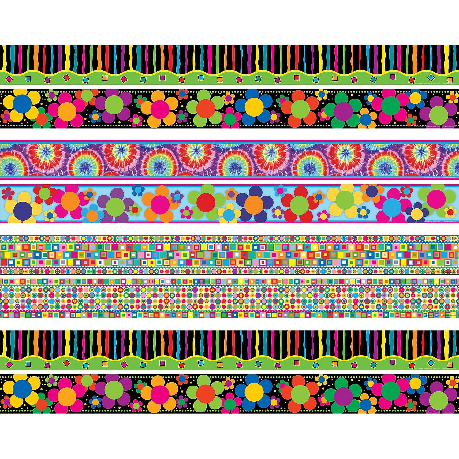 Barker Creek Double-Sided Trim Set of 4, Just Groovy, Mixed-Design, 140 feet of Double-Sided Trim -- 35' Each of Four Designs, Neon Stripes, Tie-Dye, Neon Flowers, and Retro (3532)