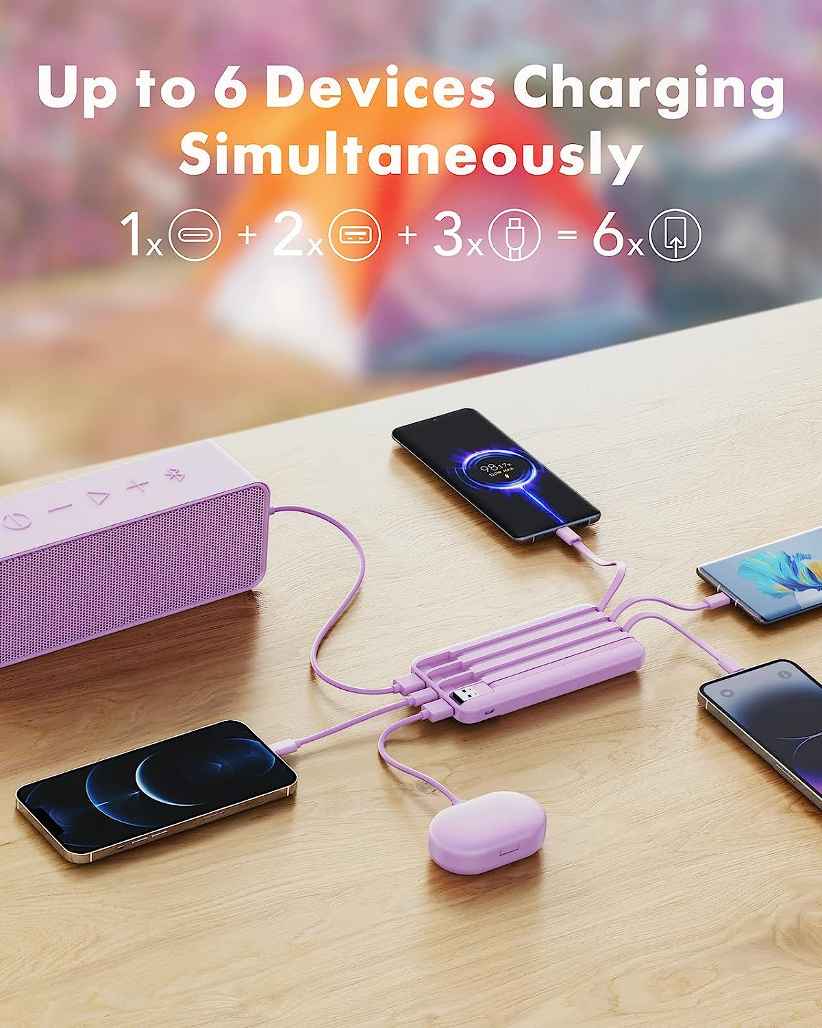 Portable Charger with Built in Cables, Portable Charger with Cords Wires Slim 10000mAh Travel Essentials Battery Pack 6 Outputs 3A High Speed Power Bank for iPhone Samsung Pixel LG Moto iPad